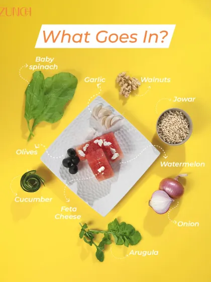 The building blocks of our Tropical Toss bowl. We combine hydrating watermelon, brain-boosting walnuts, fresh baby spinach, and protein-rich feta cheese for a complete meal.