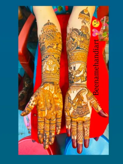 This bridal theme design is full of details. It has a Ganesha motif for blessings, a doli scene, and a portrait of the bride and groom.