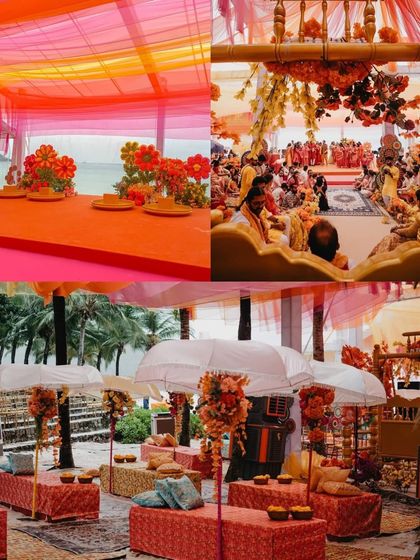 A collage of a beachside haldi ceremony. The decor includes low seating with umbrellas, colorful floral arrangements, and a vibrant draped ceiling, creating a relaxed yet festive atmosphere.
