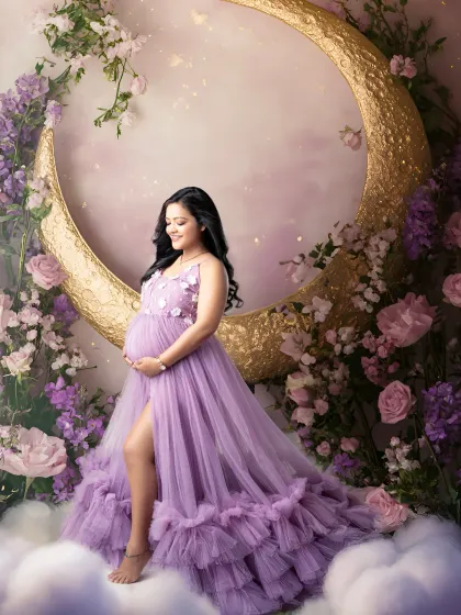 Over the moon with joy. This whimsical set features a giant crescent moon prop adorned with flowers, creating a magical, dreamy world for the mother-to-be.