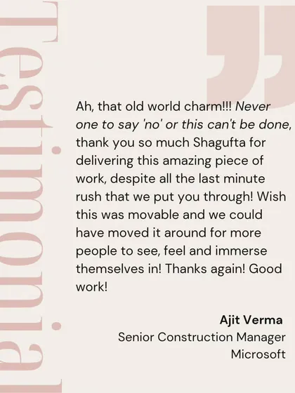 Nothing is more rewarding than seeing a client's vision come to life. This testimonial from a Senior Construction Manager at Microsoft highlights our commitment to delivering amazing work, even under tight deadlines, and creating art that people feel and immerse themselves in.