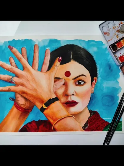 The full view of my watercolor portrait inspired by 'Taali'. I used bold colors to capture the strength and grace of the character.