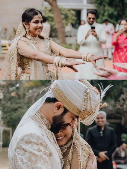 A collage capturing the bride's dance and the couple's emotional hug during their wedding.