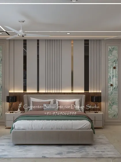 The centerpiece of this bridal bedroom is the elegant headboard wall, which combines vertical fluting, reflective panels, and nature-inspired side panels. The design is both grand and intimate.