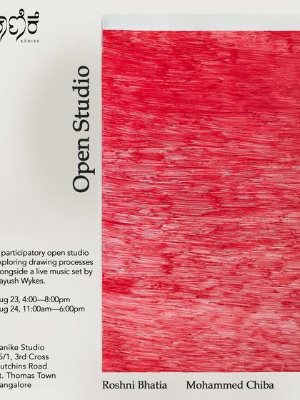 A poster for a participatory open studio, inviting visitors to join in a collaborative drawing experience alongside a live music set.