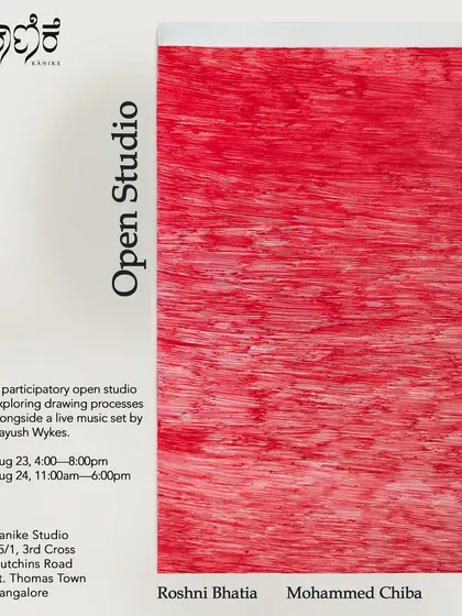 An invitation to a participatory open studio with artists Roshni Bhatia and Mohammed Chiba, featuring collaborative drawing, mark-making, and a live music set.
