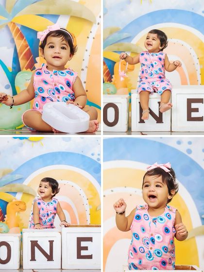 A collage of fun moments from a vibrant first birthday session. From sitting pretty to laughing out loud, I capture all the moods of your one-year-old's special day.