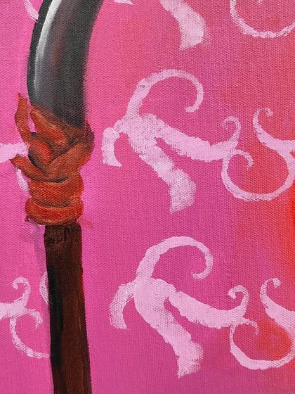 A detail shot of the sickle itself. I used a handmade stencil for the background pattern, leaving its meaning open to interpretation while grounding the piece in my identity as a raging feminist.