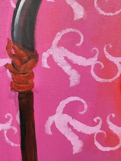 A detail shot of the sickle itself. I used a handmade stencil for the background pattern, leaving its meaning open to interpretation while grounding the piece in my identity as a raging feminist.