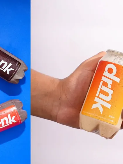 This image contrasts a top-down flat lay with a simple hand-held shot. This shows both the product line and a more personal, relatable way of interacting with the drink.