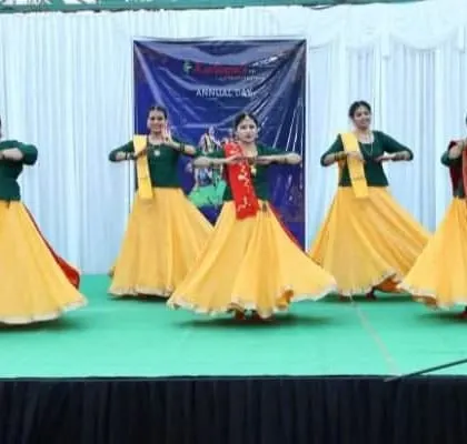 The 'chakkar', or spin, is one of the most exhilarating elements of Kathak. This moment, captured during our Annual Day performance, shows a student executing a spin with grace and control, showcasing the technical precision and energy we cultivate in our dancers.