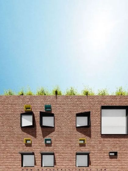 A wider render of the proposed school facade, showing a playful arrangement of different sized and colored window frames. The green roof adds a layer of sustainable design and connection to nature.