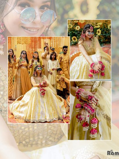 A fun collage from the Haldi ceremony, featuring the bride with her bridesmaids and close-ups of her beautiful floral jewelry. The quirky sunglasses add a touch of modern fun.