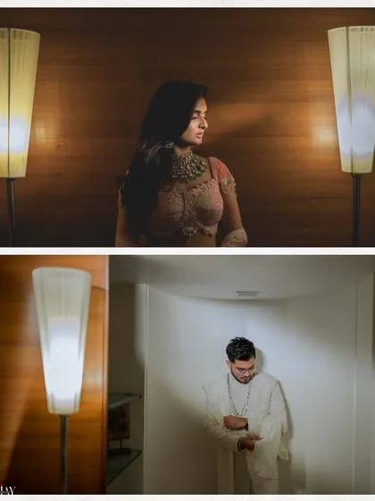 A creative diptych of individual portraits. It contrasts the bride's softly lit profile with a more dramatic, shadowed shot of the groom, showcasing our ability to capture different moods.