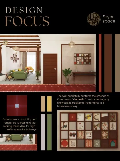 The foyer sets the tone for the home. Here, I used durable Kotta stones for the high-traffic area and created a feature wall with art showcasing Carnatic musical instruments, immediately grounding the space in the family's cultural passions.