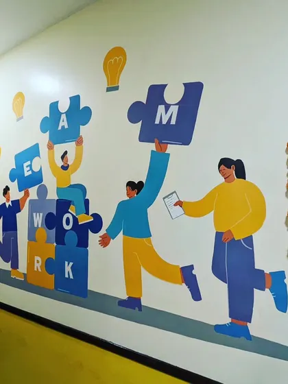 A "Teamwork" themed mural we painted for the corporate offices at Taj Bangalore. This clean, graphic style is perfect for office interiors and reinforcing company values.