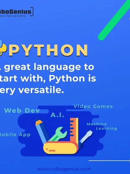 Python is the language of AI, and we make it accessible for kids. This graphic illustrates the power of Python, a versatile programming language we teach for everything from developing AI and machine learning models to creating video games and mobile apps.