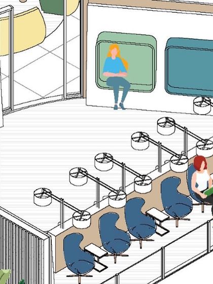 A close-up axonometric view of the entertainment and reading lounges in the 080 Lounge. This drawing highlights the individual seating pods with personal lamps, designed for passengers looking to work or relax.