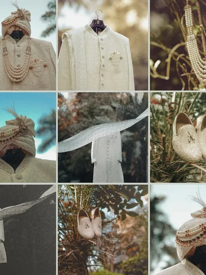A creative collage showcasing the groom's wedding attire, including the sherwani, turban (safa), necklace, and shoes (jooti), highlighting the details that complete his look.