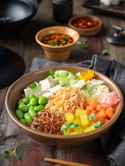 Another angle of the vegetarian poke bowl from YouMee, showing the different textures and fresh ingredients.