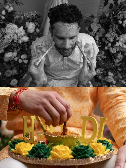 A collage of moments from the groom's Haldi ceremony. The turmeric paste, the floral decorations, and his simple yellow kurta all come together to create a picture of tradition and joy.