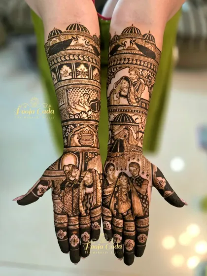 The full view of a gorgeous bridal mehendi featuring multiple family portraits and wedding scenes. This design tells a complete story, from the bride getting ready with her mother to the couple's final ceremony.
