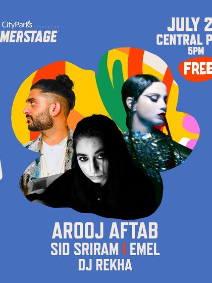The official SummerStage flyer for the show with Arooj Aftab, Sid Sriram, and Emel. It was a free, triple-bill show in Central Park with an incredible lineup.