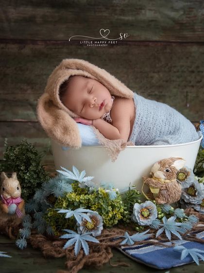 Another version of our popular bunny theme, this time with the baby in a bucket surrounded by blue flowers and squirrel friends.