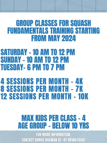 Details for our new group classes for squash fundamentals, starting from May 2024. These classes are for beginners under 10, with a max of 4 kids per class.
