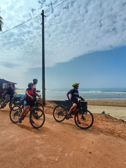 There's nothing like the feeling of the sea breeze as you cycle along India's stunning west coast. This shot from our 10-day Mysore to Goa adventure captures a moment of pause, taking in the pristine beaches and endless ocean views before we pedal on.