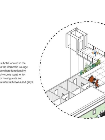 A detailed axonometric drawing explaining the 'Day Hotel' concept for the 080 Lounge. This boutique hotel within the airport is designed to provide a serene environment where practicality and timeless simplicity come together.