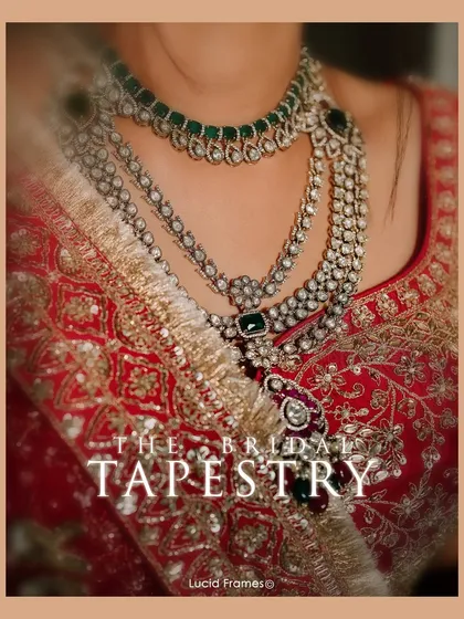 "The Bridal Tapestry." A close-up on a bride's stunning layered necklace, showcasing the intricate details of her wedding jewelry.