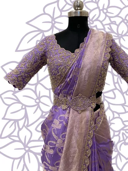 Another stylized image of the lavender bridal outfit, perfect for a modern bride who loves traditional craftsmanship.