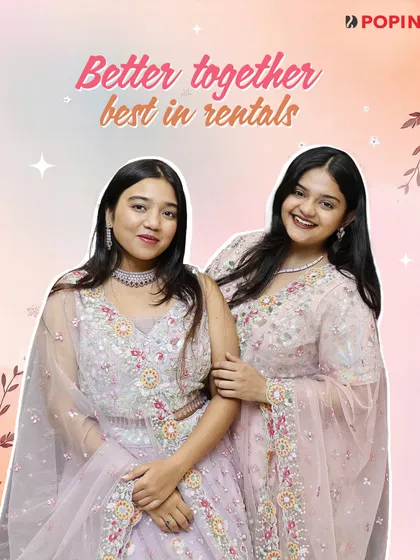 Better together, best in rentals. Two friends twinning in my pastel lehengas, one in lavender and one in pink, showing options for bridesmaids.