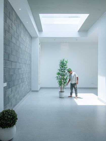 An exercise in pure minimalism, this hallway uses a single potted tree and a skylight to create a moment of zen-like calm. The exposed block wall adds texture to the otherwise pristine white space.