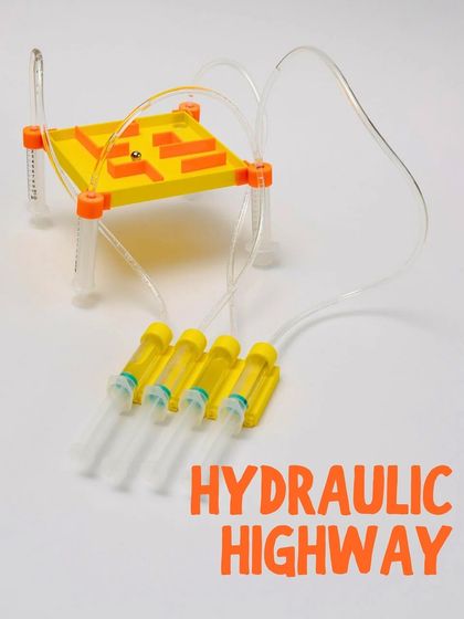 The Hydraulic Highway kit is a hands-on lesson in fluid dynamics. Kids build a maze and learn to control it using water-filled syringes.