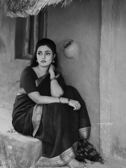 A series of portraits in a rustic, village-like setting. The model's simple green saree and relaxed poses create a feeling of serene, timeless emotion.