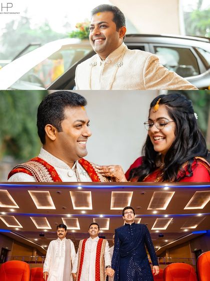 A collage of the groom's happy moments, from his arrival to sharing a smile with his bride.