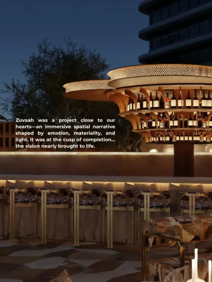 Zuvaah was an immersive spatial narrative shaped by emotion, materiality, and light. This render of the rooftop bar, with its unique bottle display, shows the vision we had for the project.