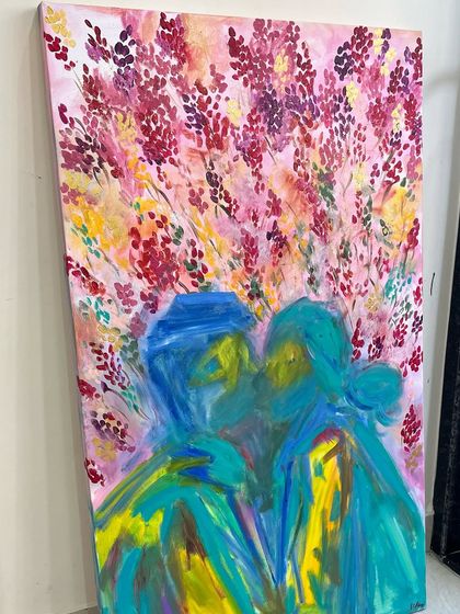 I created this piece as a special wedding gift for a client's friends in Delhi. It's an abstract depiction of a couple, surrounded by a burst of flowers that symbolize dreams and desires.