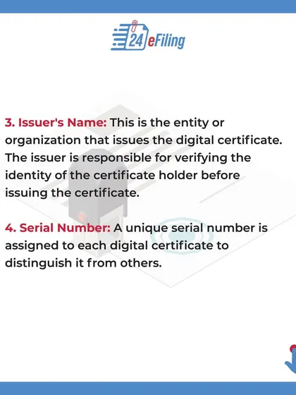 Every DSC includes the name of the issuing authority and a unique serial number. The issuer is responsible for verifying your identity, and the serial number distinguishes your certificate from all others.