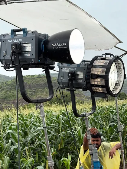 A close-up of the Nanlux 5000B and ARRI SkyPanel X. This combination provides both a powerful hard light source and a versatile soft light source.