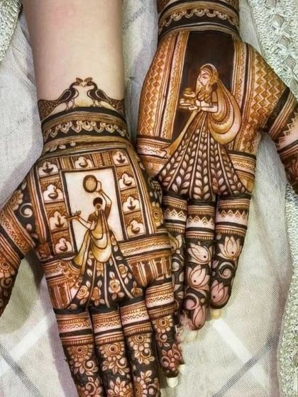 This design shows the iconic Karwa Chauth moment of looking at the moon through a sieve. My figurative work is very detailed and expressive.