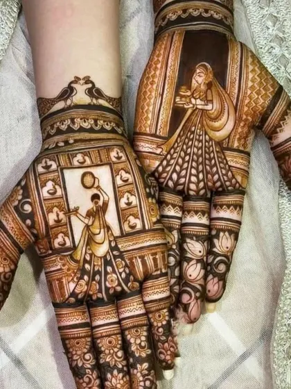 This design for Karwa Chauth shows a woman holding a thali and another with a sieve, capturing the essence of the festival.