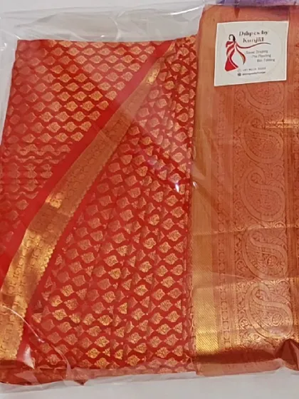 Your saree, ready for your destination wedding. This pre-pleated and pressed red silk saree is carefully packed to travel without a single crease, making it easy to get ready for your big event.