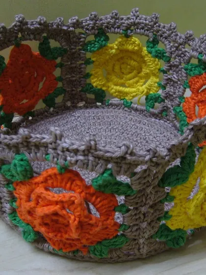 The finished rose basket, showing its sturdy, hexagonal shape. This is an advanced beginner project that I can guide you through.