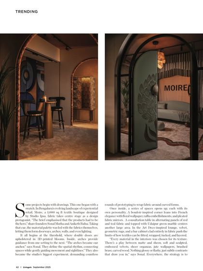 As featured in Livingetc India, this spread showcases the fabric-wrapped entrance door and the Art Deco-inspired bar area. The article highlights our experimental approach to using textiles and creating distinct zones with unique personalities.
