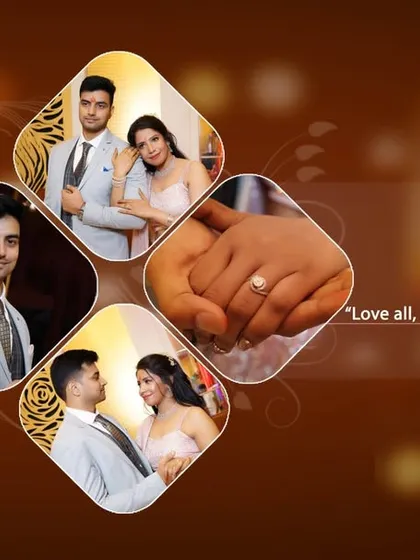 A four-photo collage layout for a wedding or engagement album, telling a small story with a mix of portraits and detail shots.