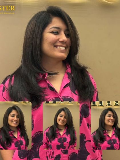 A collage showcasing a client's new haircut, a classic layered style that adds volume and shape.