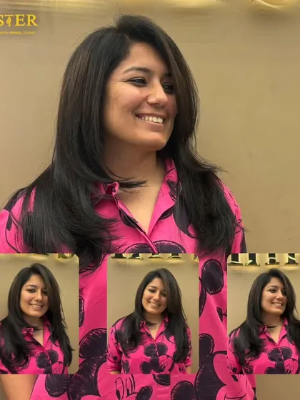 A collage showcasing a client's new haircut, a classic layered style that adds volume and shape.